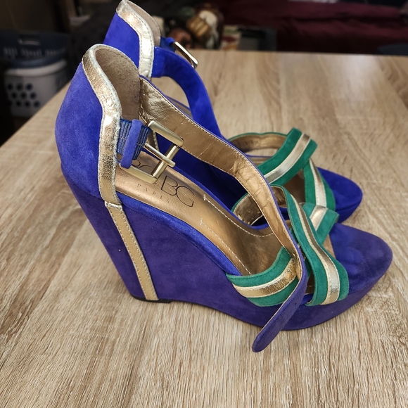 BCBG Women's Blue and Gold Wedge Sandals - Picture 1 of 5